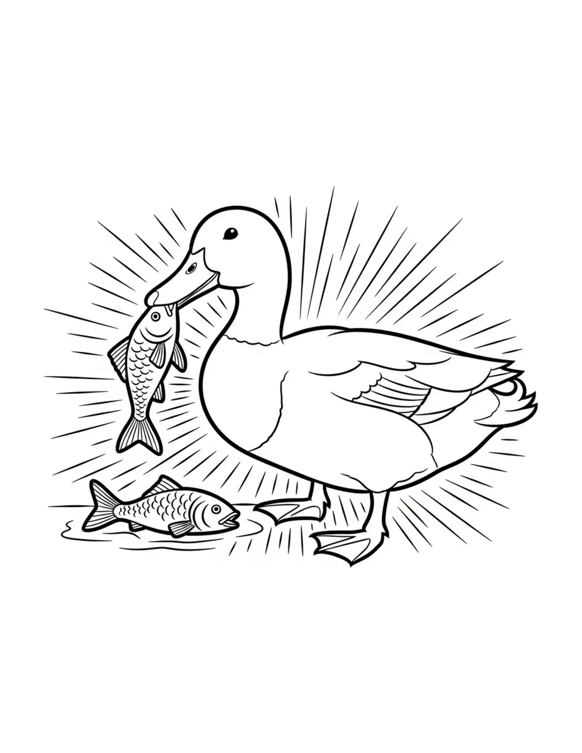 Duck Feeding Fish Coloring Page - free printable JPG featuring adorable duck scenes