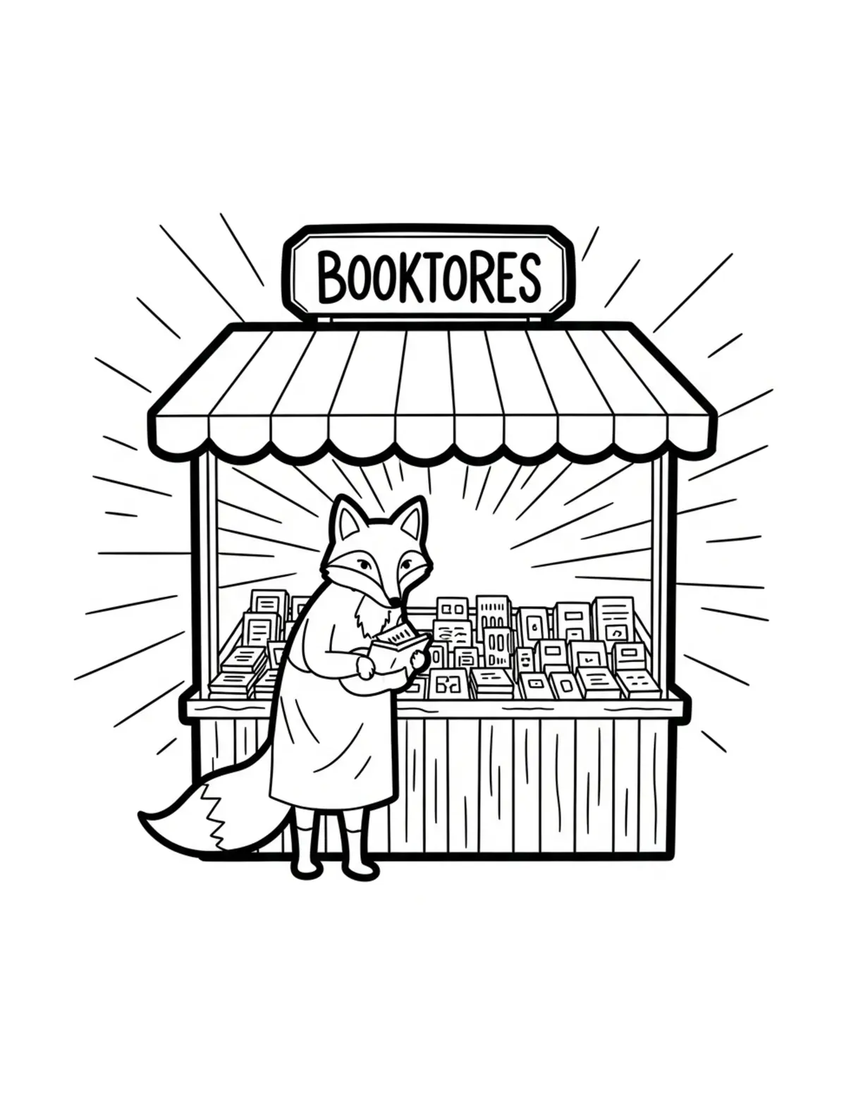 Free printable coloring page: fox bookstore market stand coloring page. Cute and cozy bookstore and reading design for kids and adults to download and print.