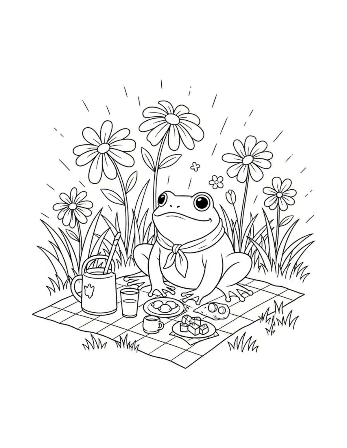 Free printable coloring page: frog picnic in flower meadow coloring page. Cute and cozy design for kids and adults to download and print.