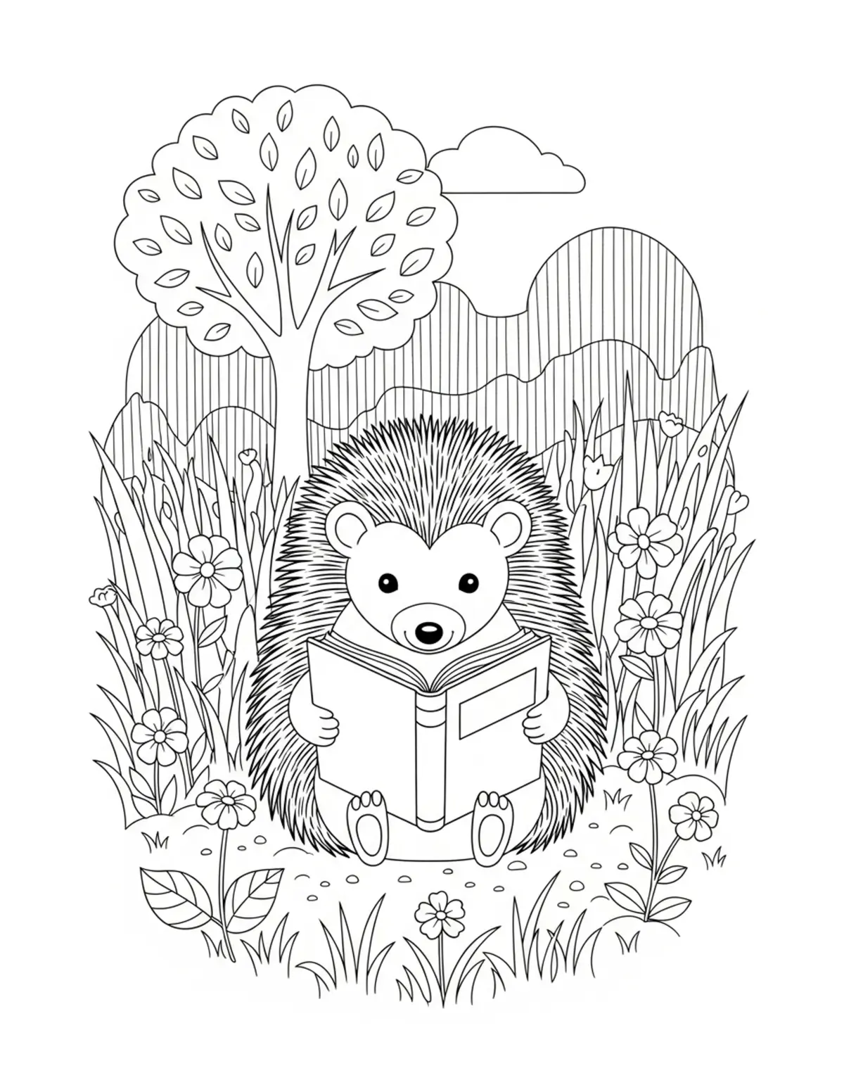 Free printable coloring page: hedgehog reading in garden coloring page. Cute and cozy hedgehog garden design for kids and adults to download and print.