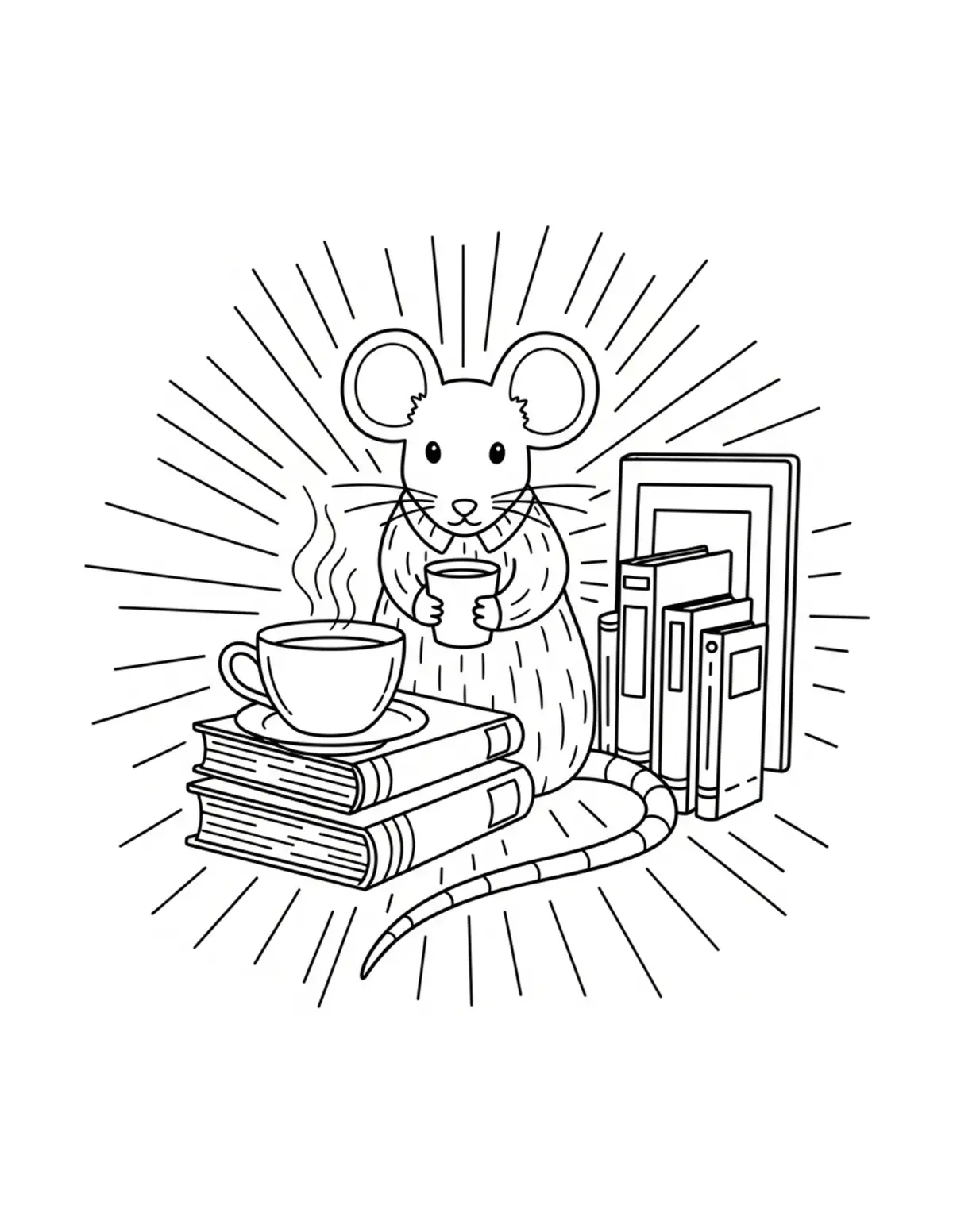 Free printable coloring page: mouse tea and books corner coloring page. Cute and cozy mouse tea party design for kids and adults to download and print.