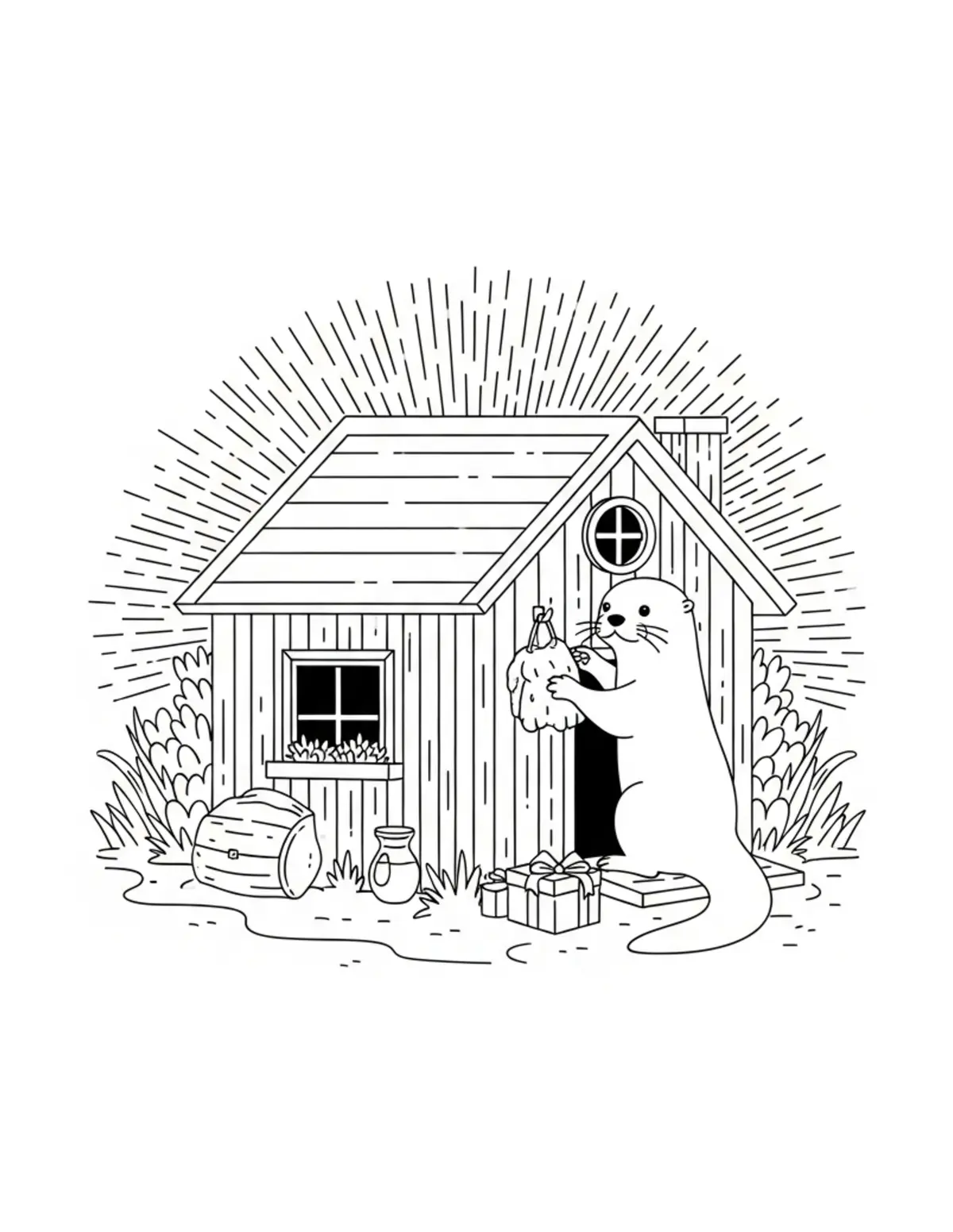 Otter Decorating Riverside Cottage coloring page - free printable JPG featuring adorable otters