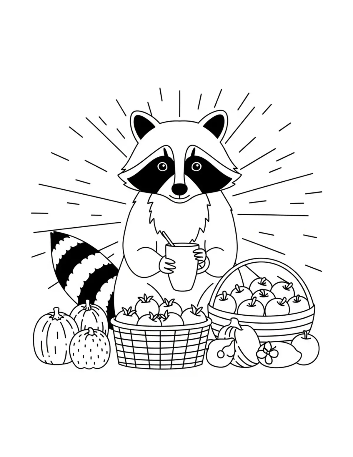 Raccoon Farmers Market Picnic coloring page - free printable JPG featuring adorable raccoons at a market