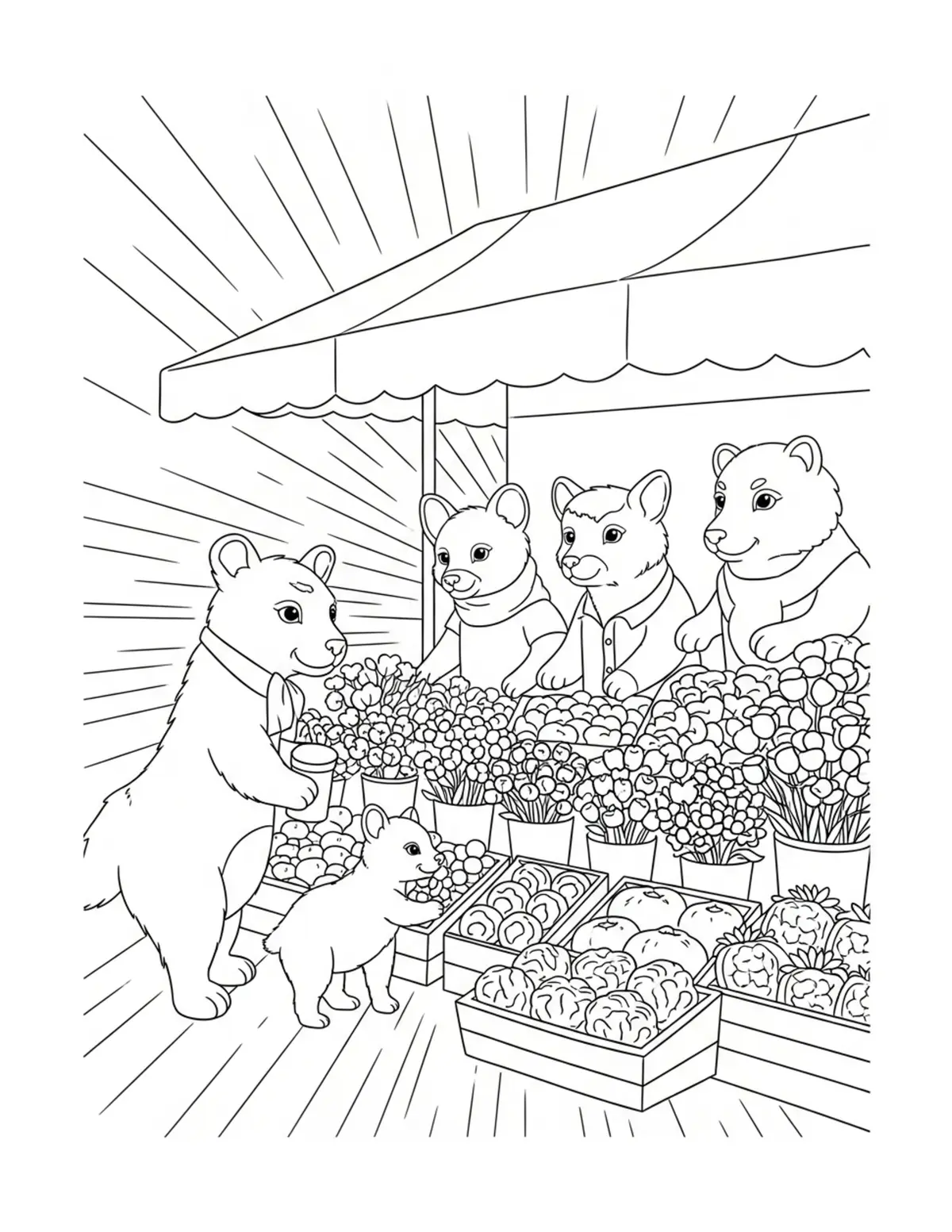 Animal Friends Browsing Produc Coloring Page - free printable JPG featuring adorable tiny animal village scene