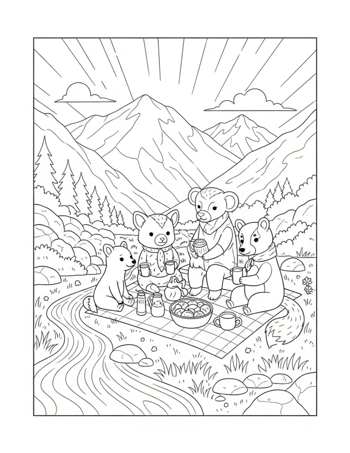 Animal Friends Enjoying A Picn Coloring Page - free printable JPG featuring adorable tiny animal village scene