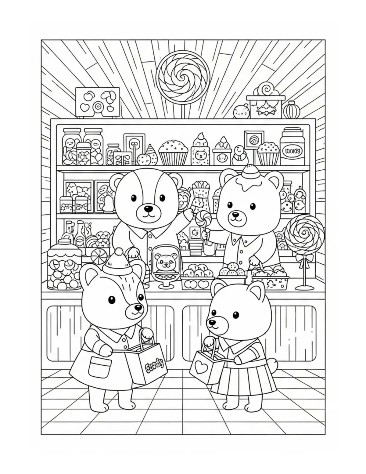Animal Friends Shopping For Tr Coloring Page - free printable JPG featuring adorable tiny animal village scene