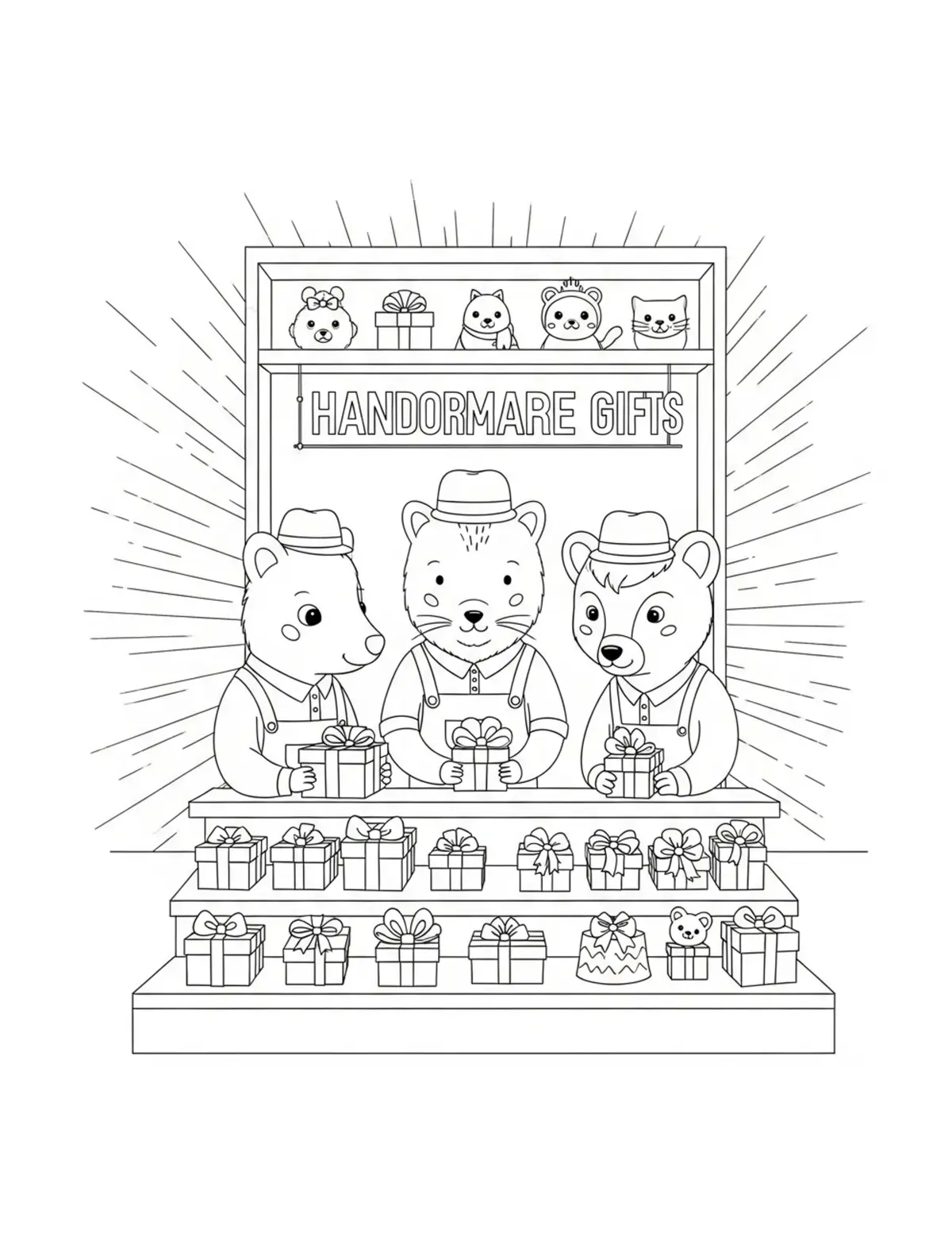 Animal Shopkeepers Helping Cus Coloring Page - free printable JPG featuring adorable tiny animal village scene