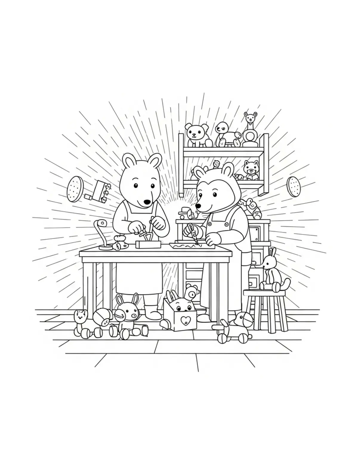 Animal Toy Makers Crafting Woo Coloring Page - free printable JPG featuring adorable tiny animal village scene