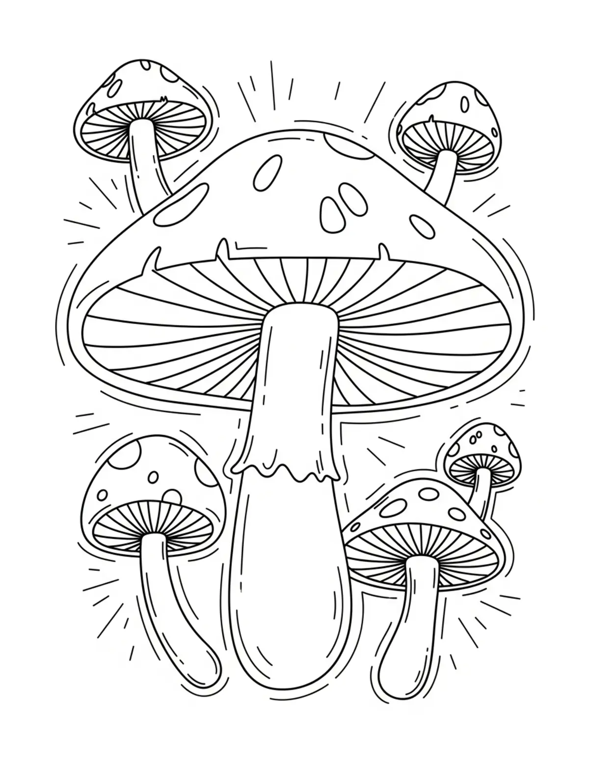 Free printable coloring page: bold-easy-mushroom-pattern coloring page. Cute and cozy design for kids and adults to download and print.