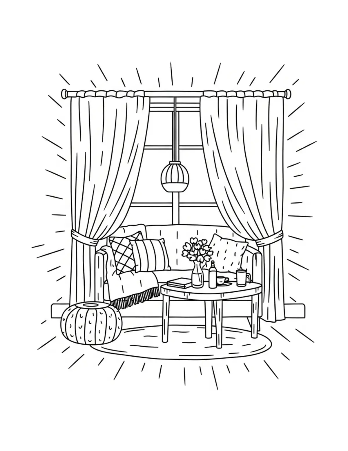 Free printable coloring page: cozy nature reading corner coloring page. Cute and cozy design for kids and adults to download and print.