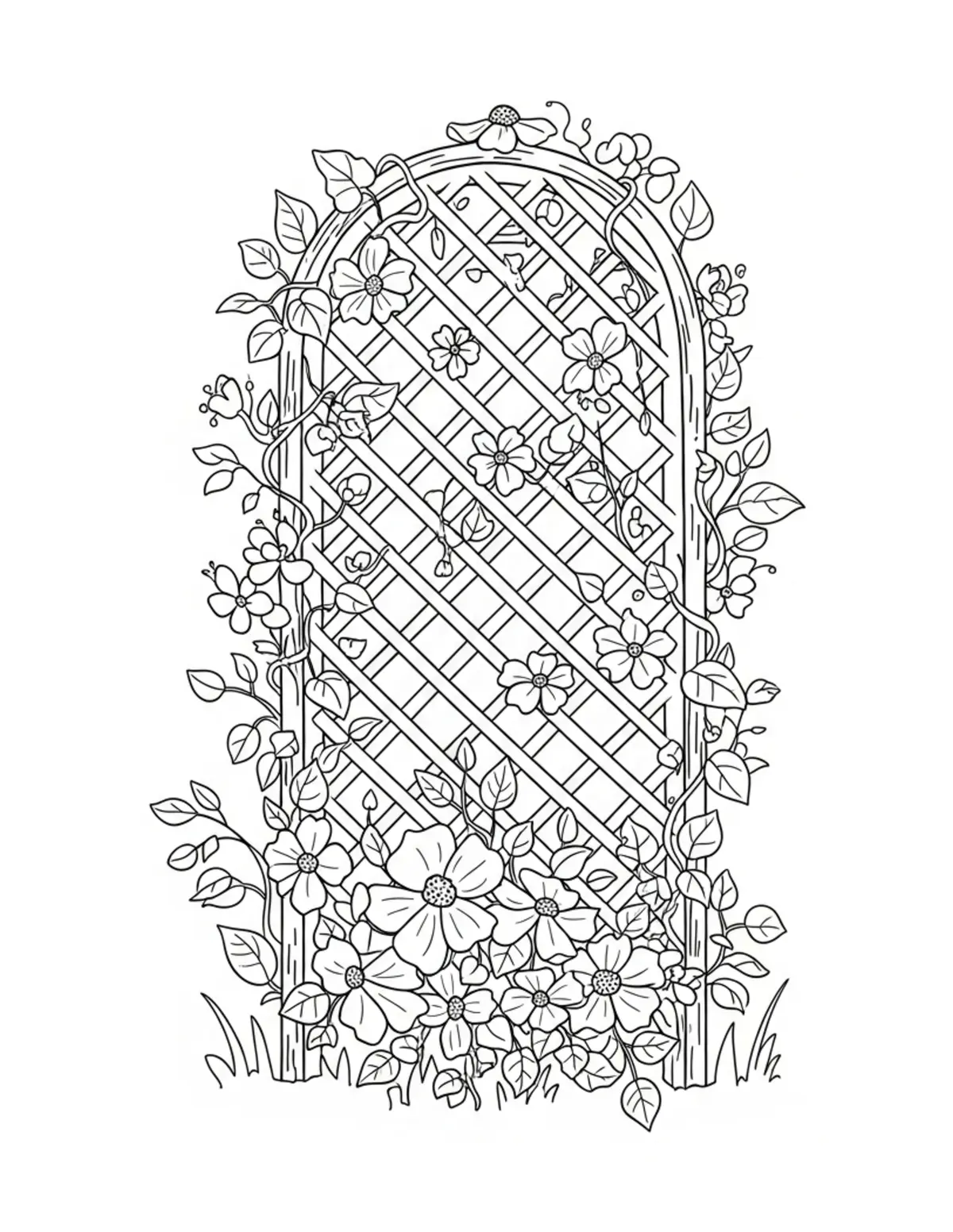 Free printable coloring page: cozy summer garden trellis coloring page. Cute and cozy summer design for kids and adults to download and print.