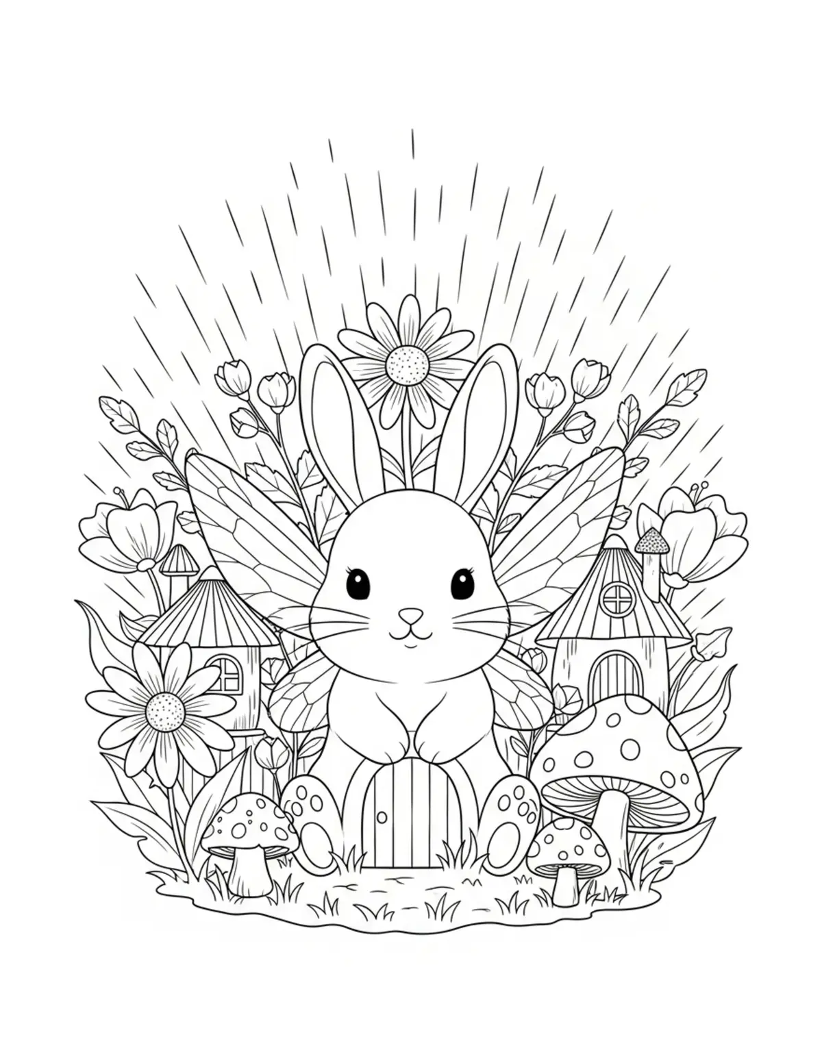Cute Bunny Fairy Garden Colori — free printable cozy coloring coloring page for kids and adults