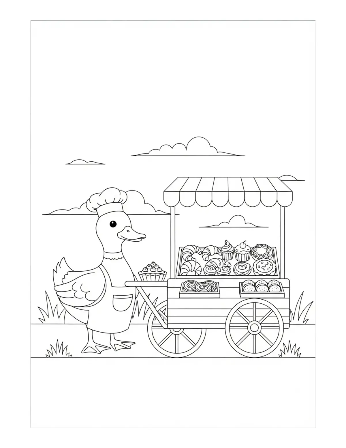 Cute Duck Bakery Wagon Colorin — free printable cozy coloring coloring page for kids and adults