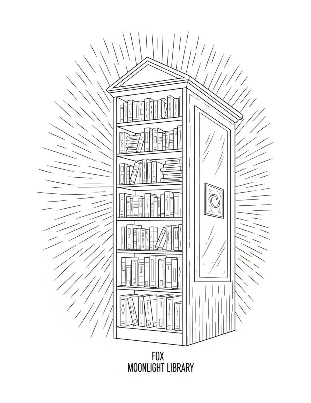 Free printable coloring page: fox moonlight library coloring page. Cute and cozy design for kids and adults to download and print.