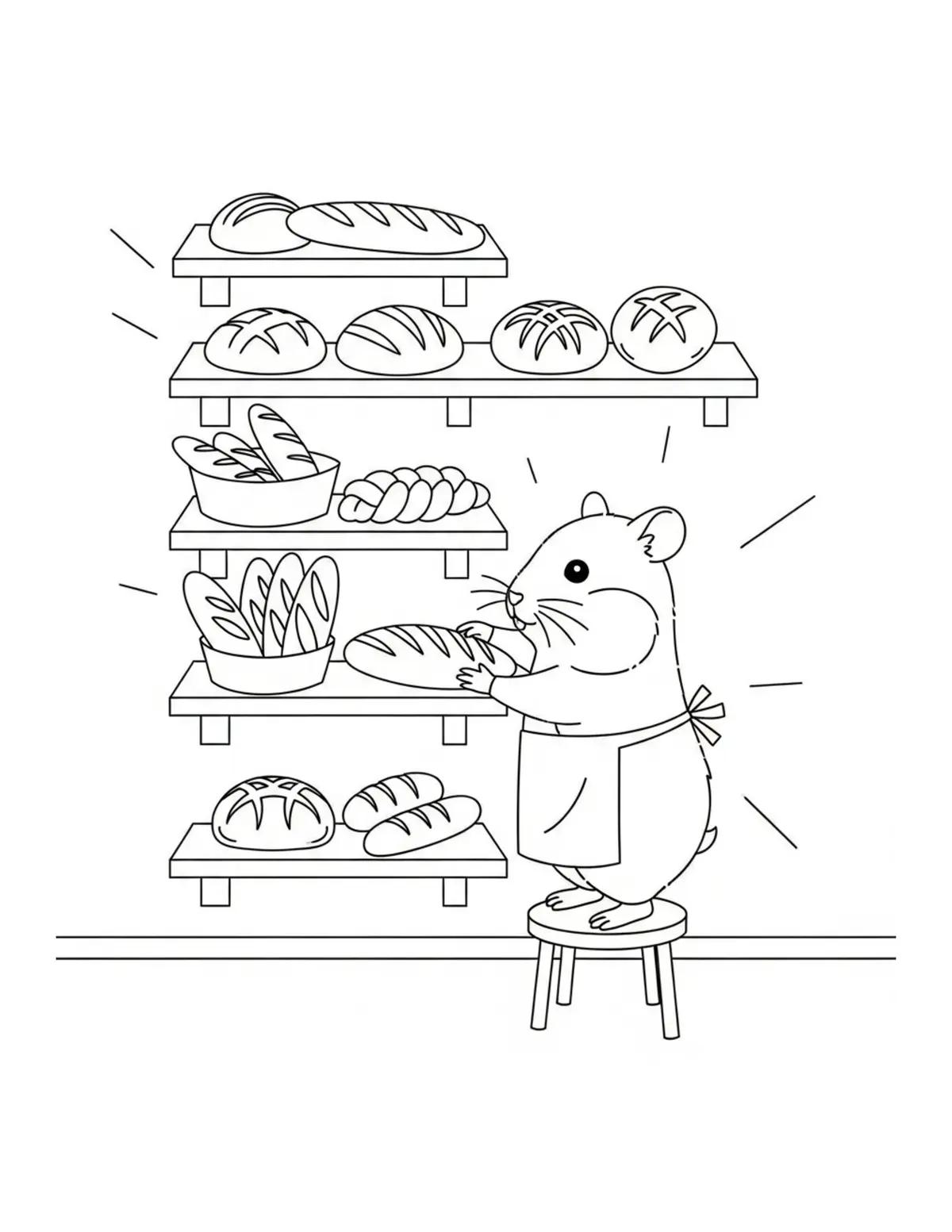 Hamster Arranging Fresh Bread Coloring Page - free printable JPG featuring adorable hamster baking