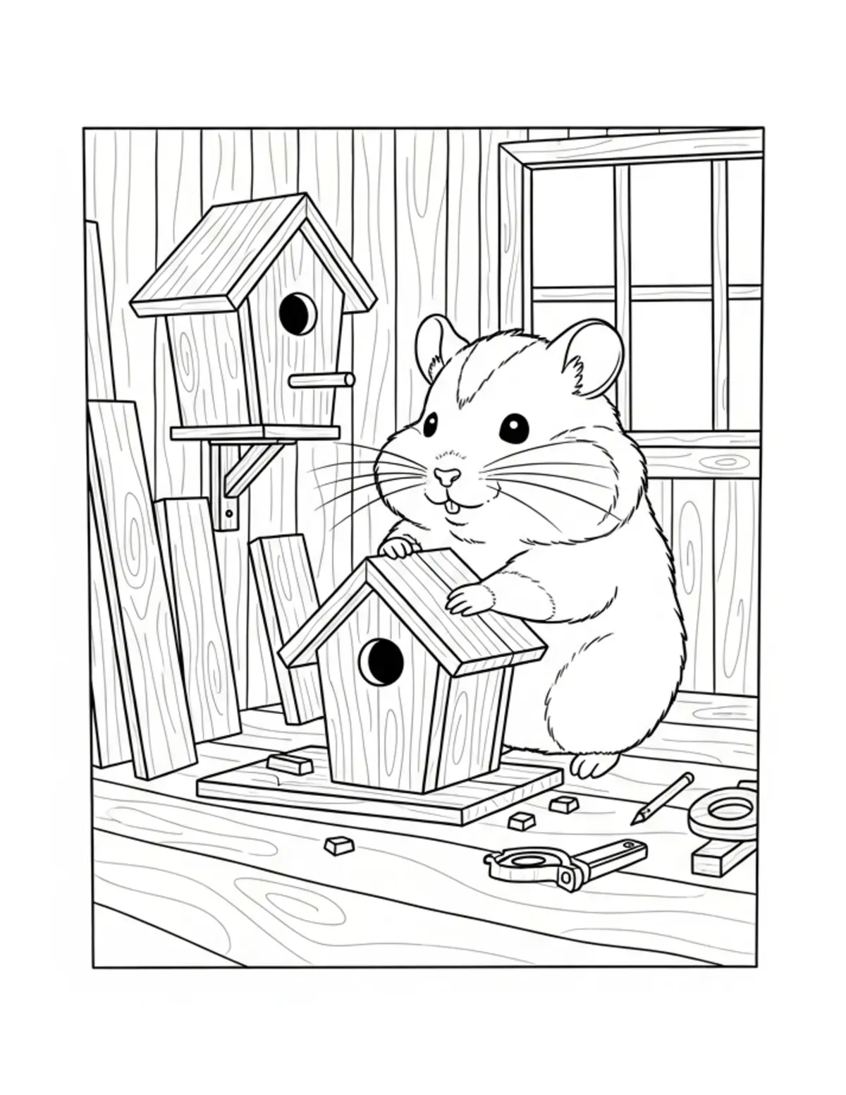 Little Hamster Designing Birdhouses coloring page - free printable JPG featuring adorable woodland animals