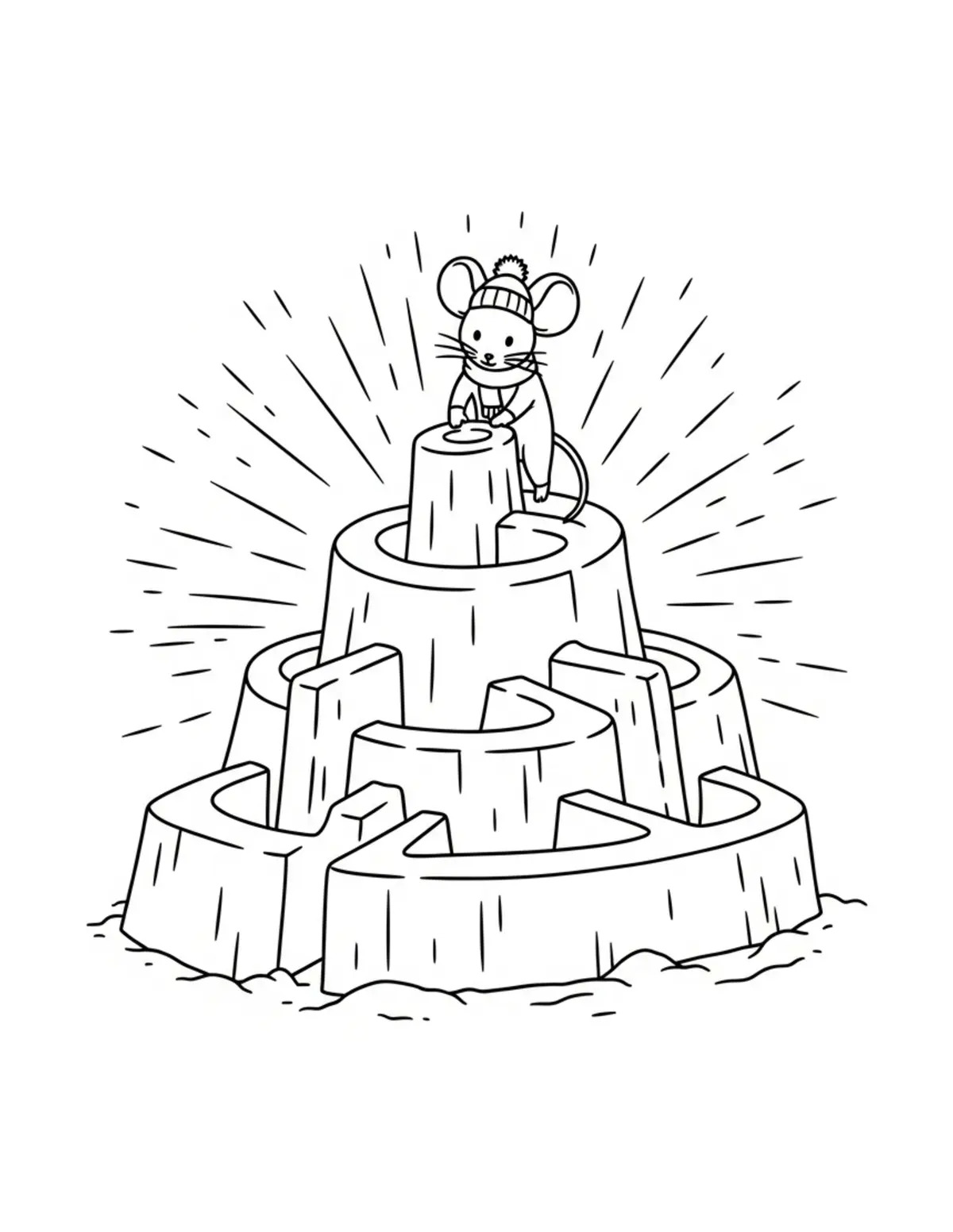 Free printable coloring page: little mouse building a giant coloring page. Cute and cozy tiny animal design for kids and adults to download and print.