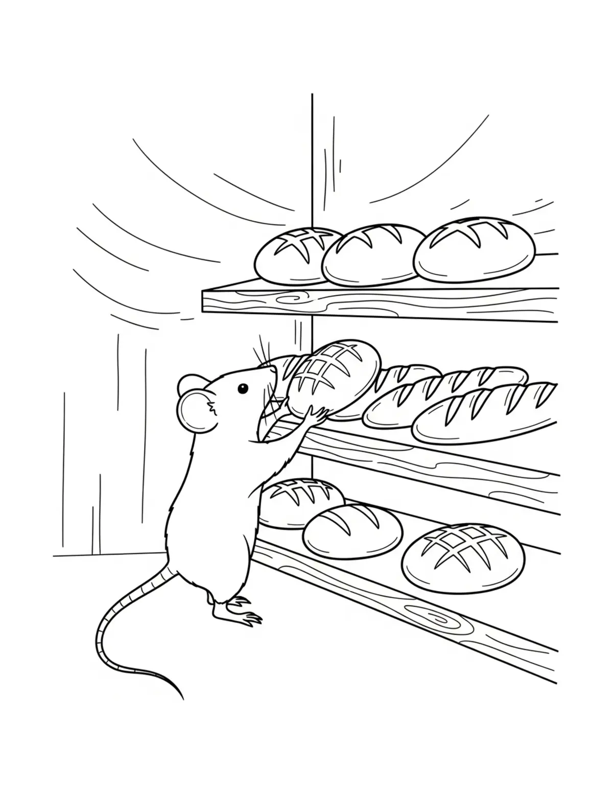 Mouse Arranging Bread On Woode Coloring Page - free printable JPG featuring adorable mouse bakery scenes