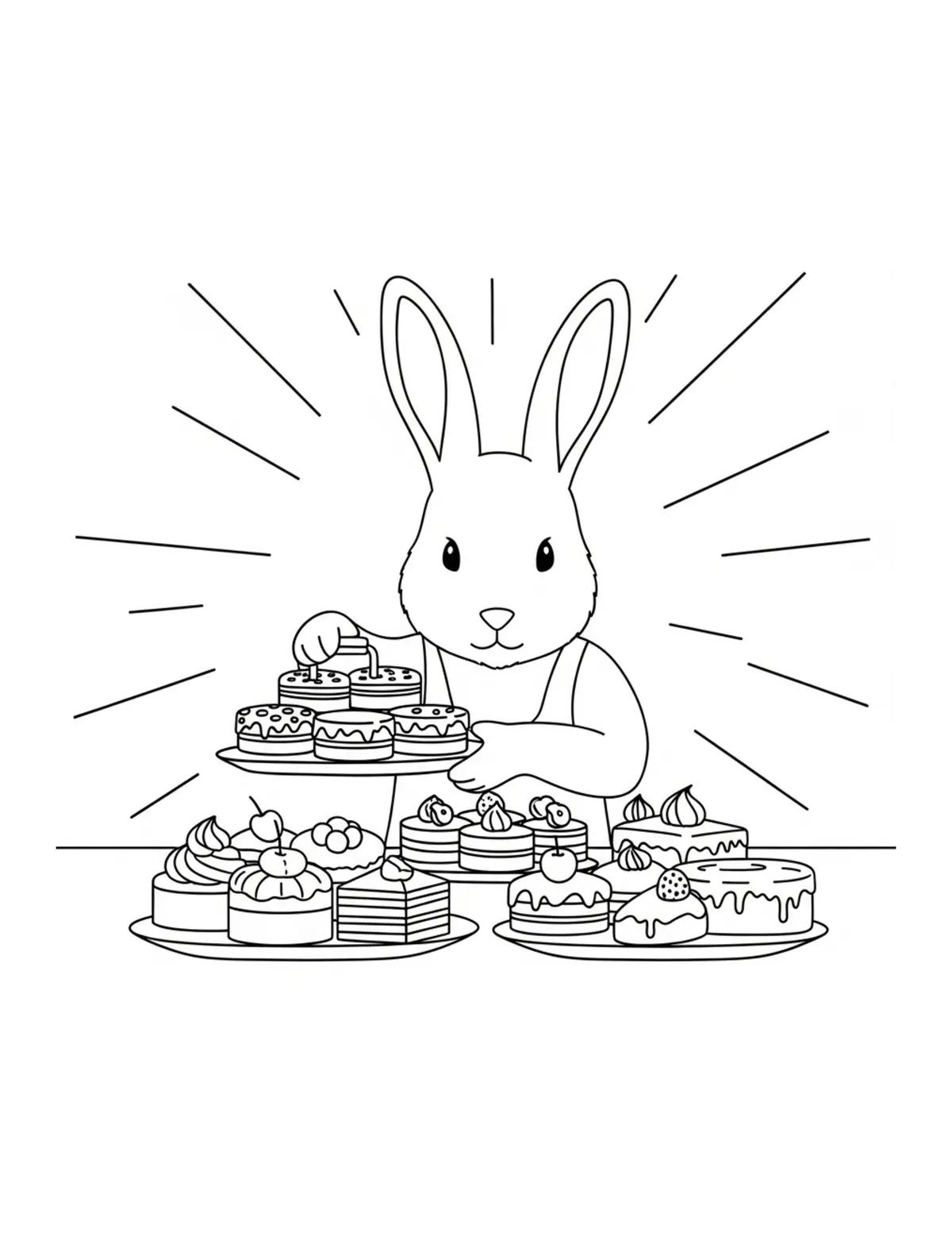 Rabbit Arranging Pastries On Coloring Page - free printable JPG featuring adorable rabbit