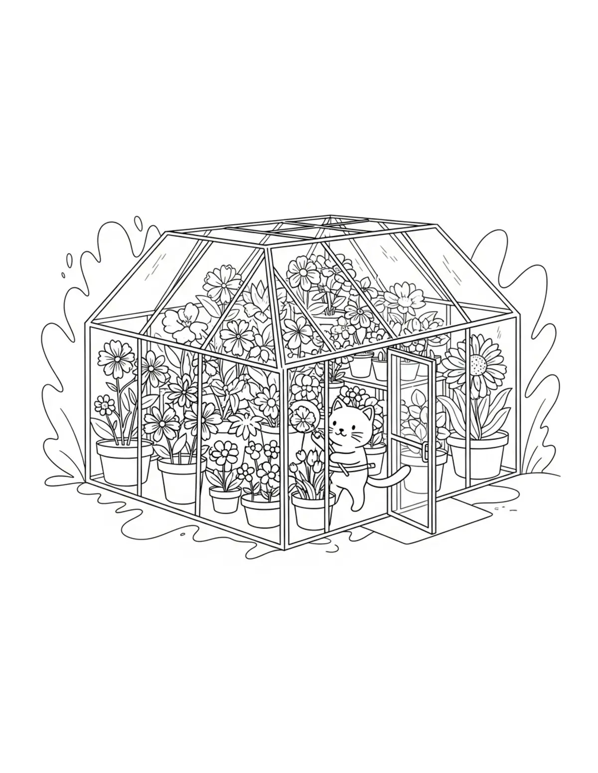 Free printable coloring page: tiny-cat-operating-a-flower-fi coloring page. Cute and cozy design for kids and adults to download and print.
