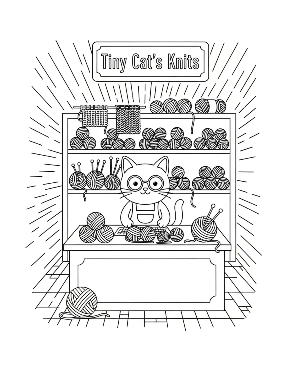 Free printable coloring page: tiny-cat-running-a-yarn-and-kn coloring page. Cute and cozy design for kids and adults to download and print.