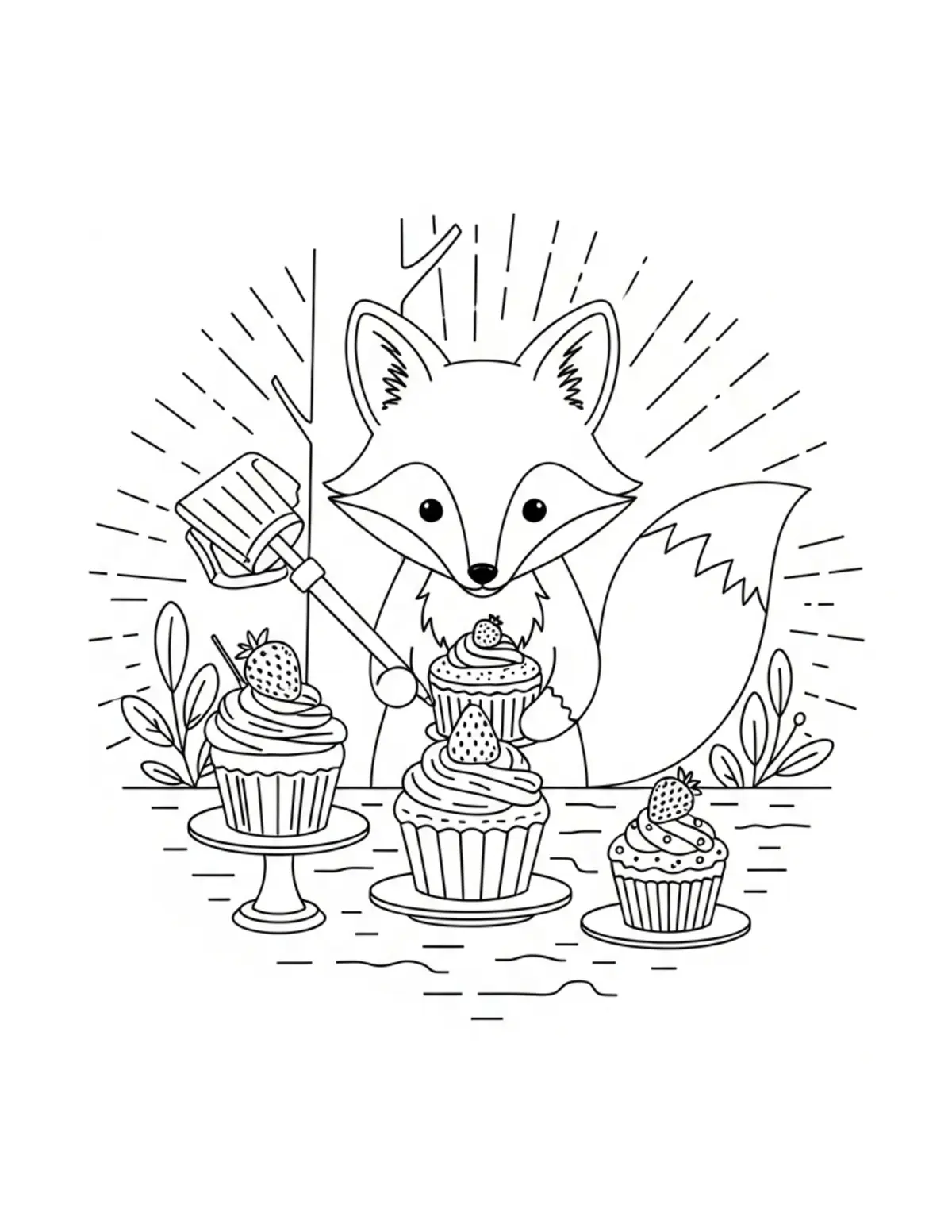 Free printable coloring page: tiny-fox-baking-strawberry-cup coloring page. Cute and cozy design for kids and adults to download and print.
