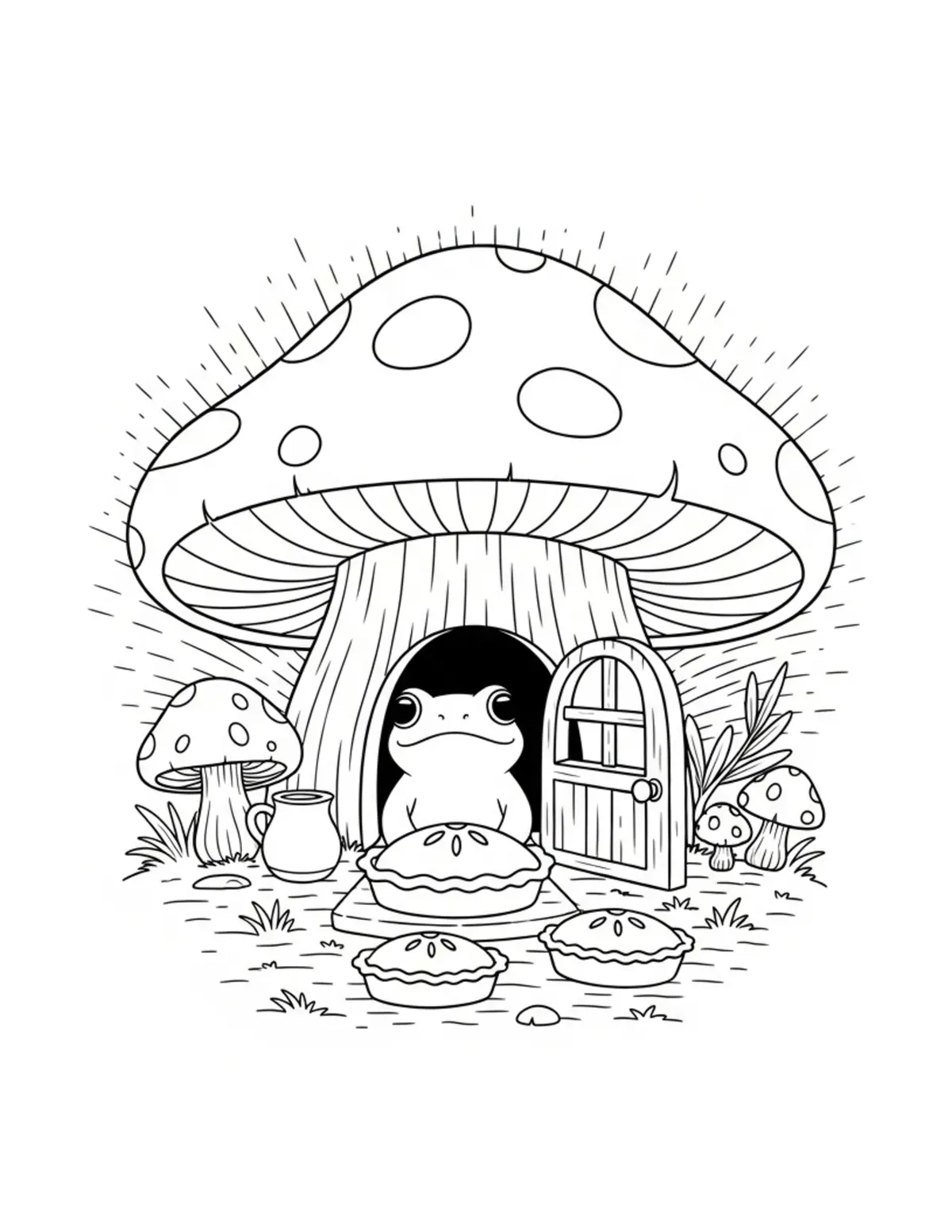 Free printable coloring page: tiny-frog-baking-pies-in-a-mus coloring page. Cute and cozy design for kids and adults to download and print.