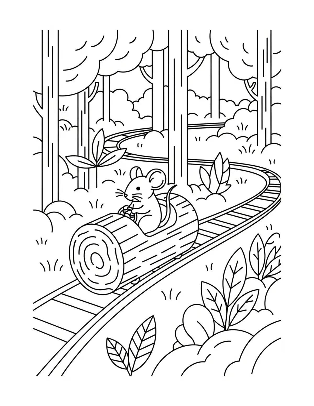 Free printable coloring page: tiny-mouse-operating-a-woodlan coloring page. Cute and cozy design for kids and adults to download and print.