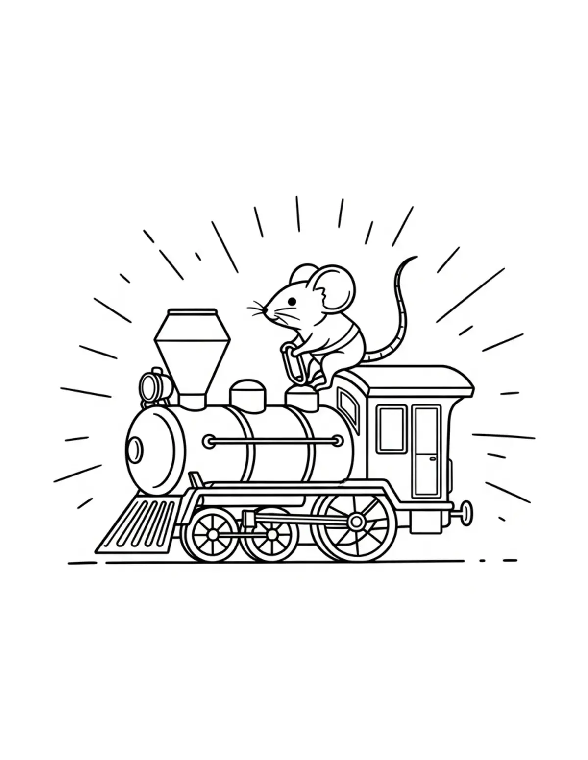 Free printable coloring page: tiny-mouse-riding-a-mini-steam coloring page. Cute and cozy design for kids and adults to download and print.