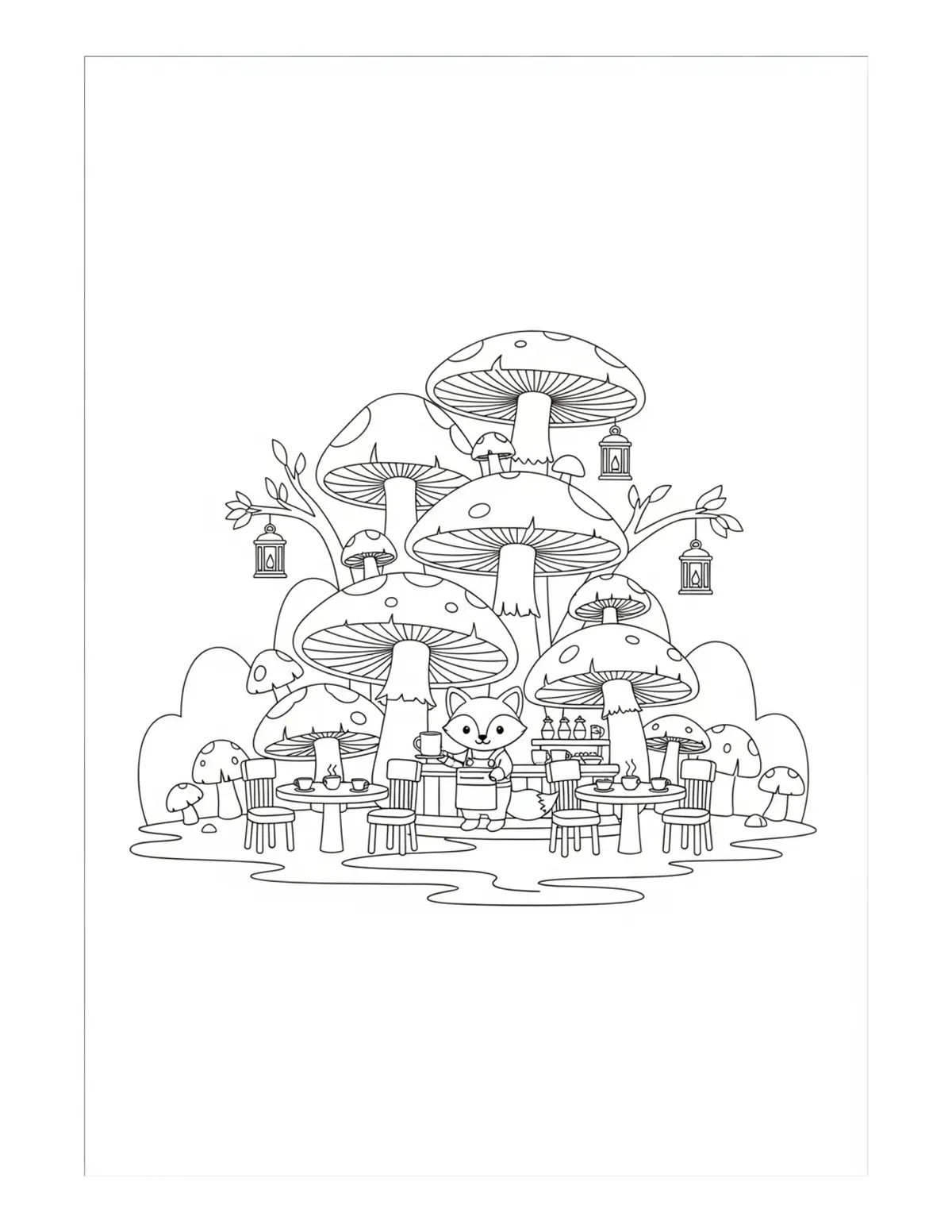 Free printable coloring page: tiny fox woodland cafe mushro coloring page. Cute design for kids and adults.