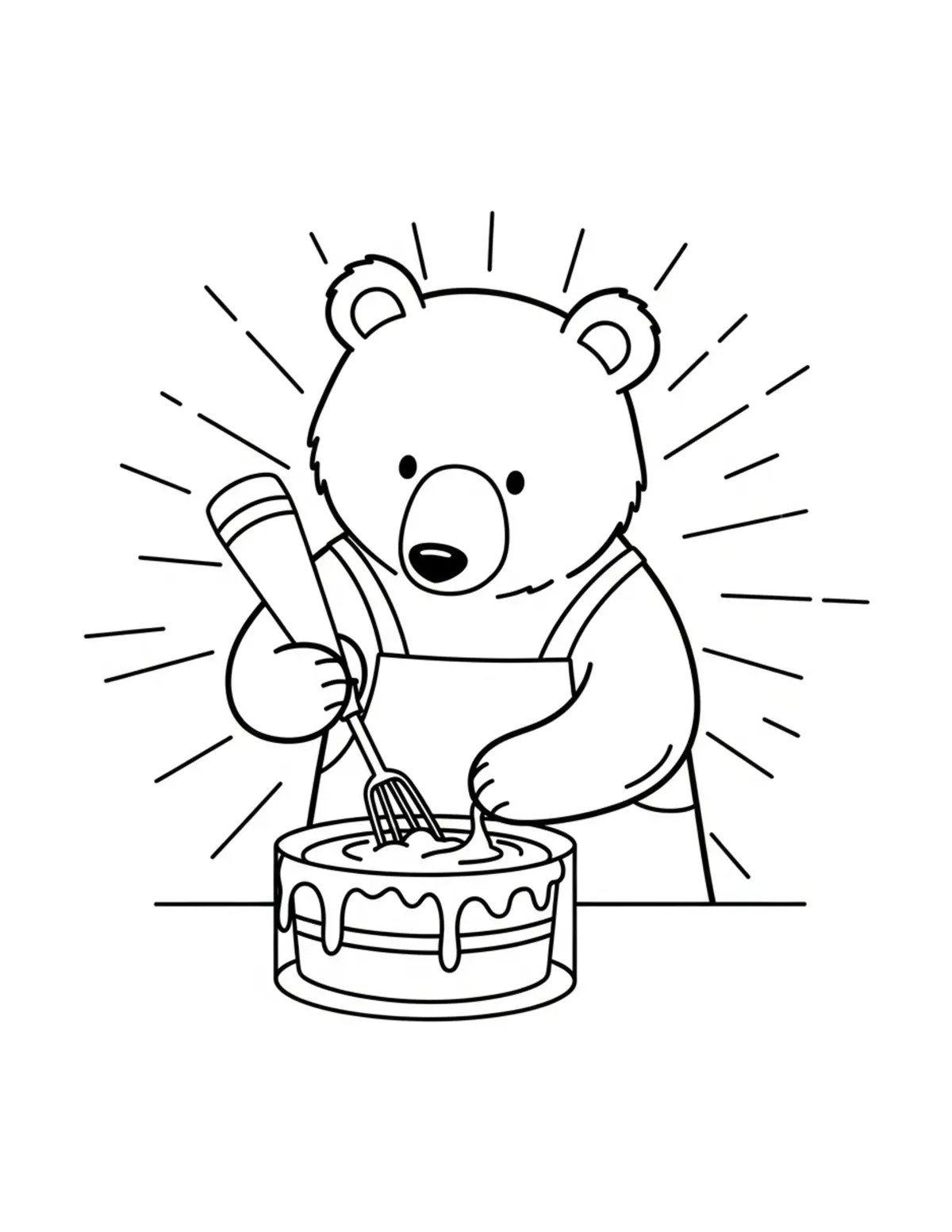 Free printable coloring page: bear-mixing-cake-batter coloring page. Cute and cozy design for kids and adults to download and print.