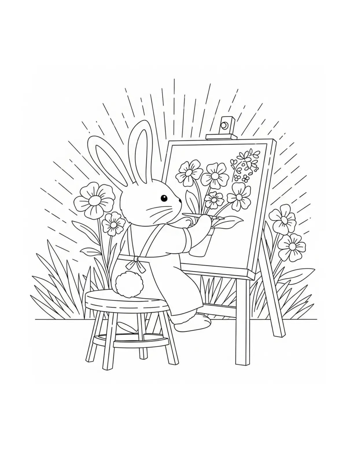 Free printable coloring page: bunny painting flowers coloring page. Cute and cozy design for kids and adults to download and print.