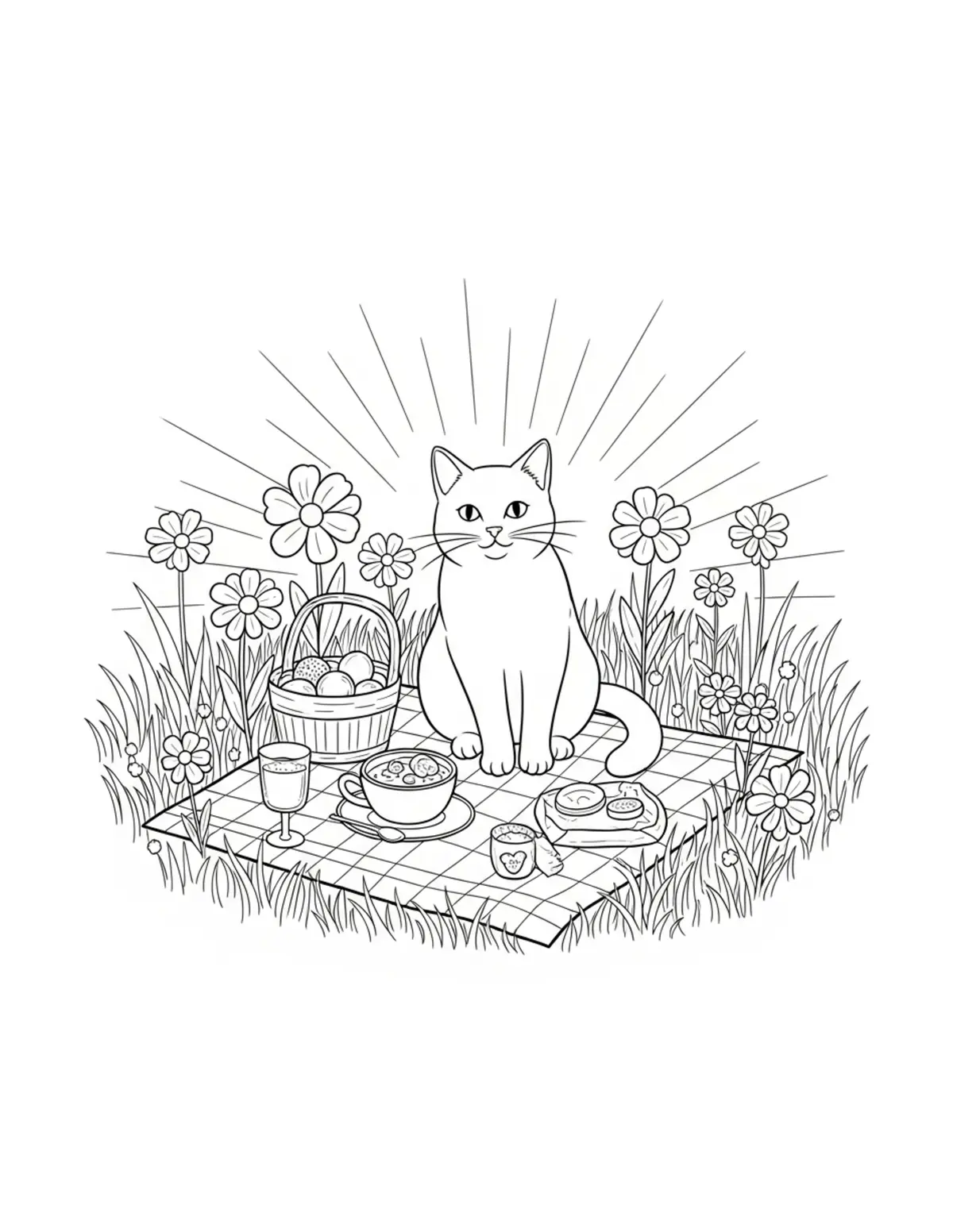 Cat Picnic In Flower Meadow — free printable cozy coloring coloring page for kids and adults