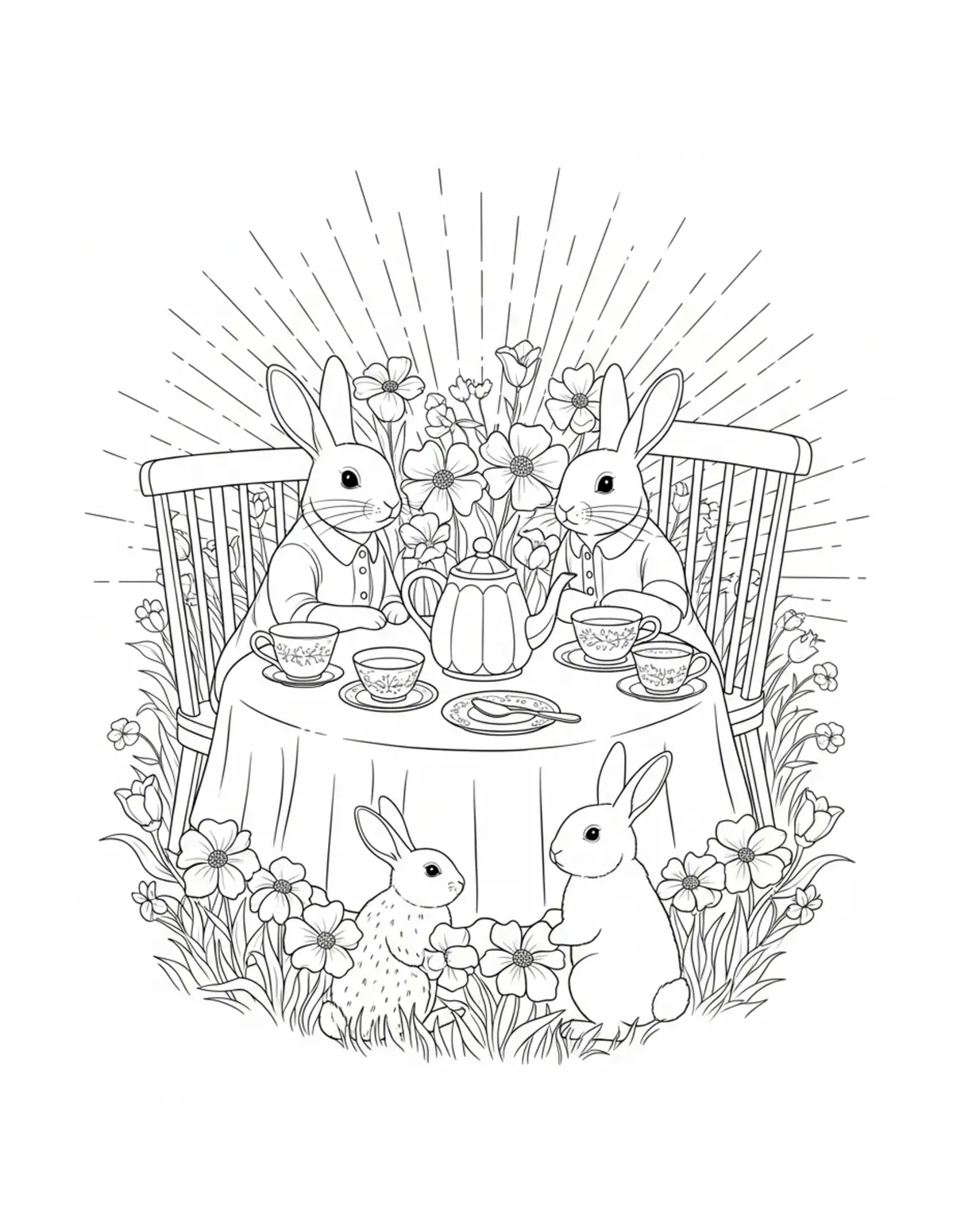 Free printable coloring page: tea party in garde coloring page. Cute and cozy design for kids and adults to download and print.