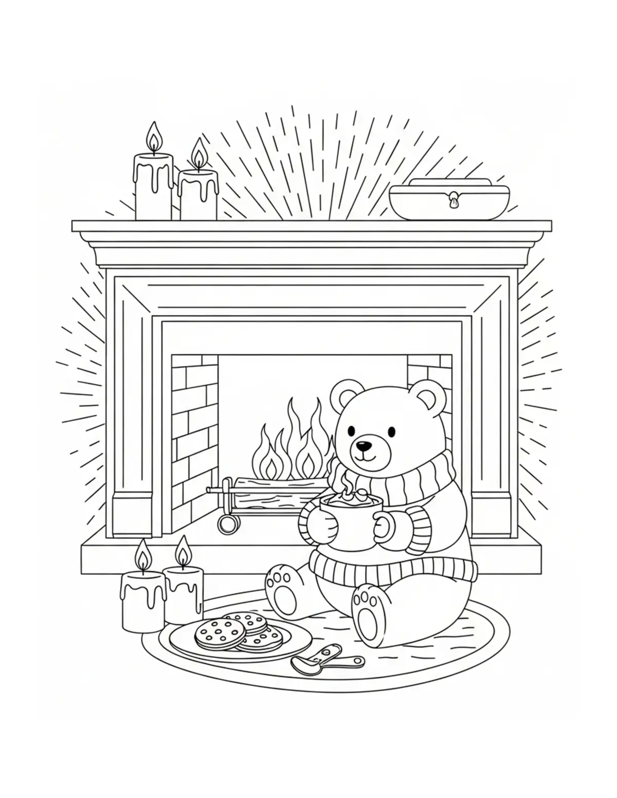 Free printable coloring page: cute bear drinking hot chocola coloring page. Cute and cozy animal design for kids and adults to download and print.