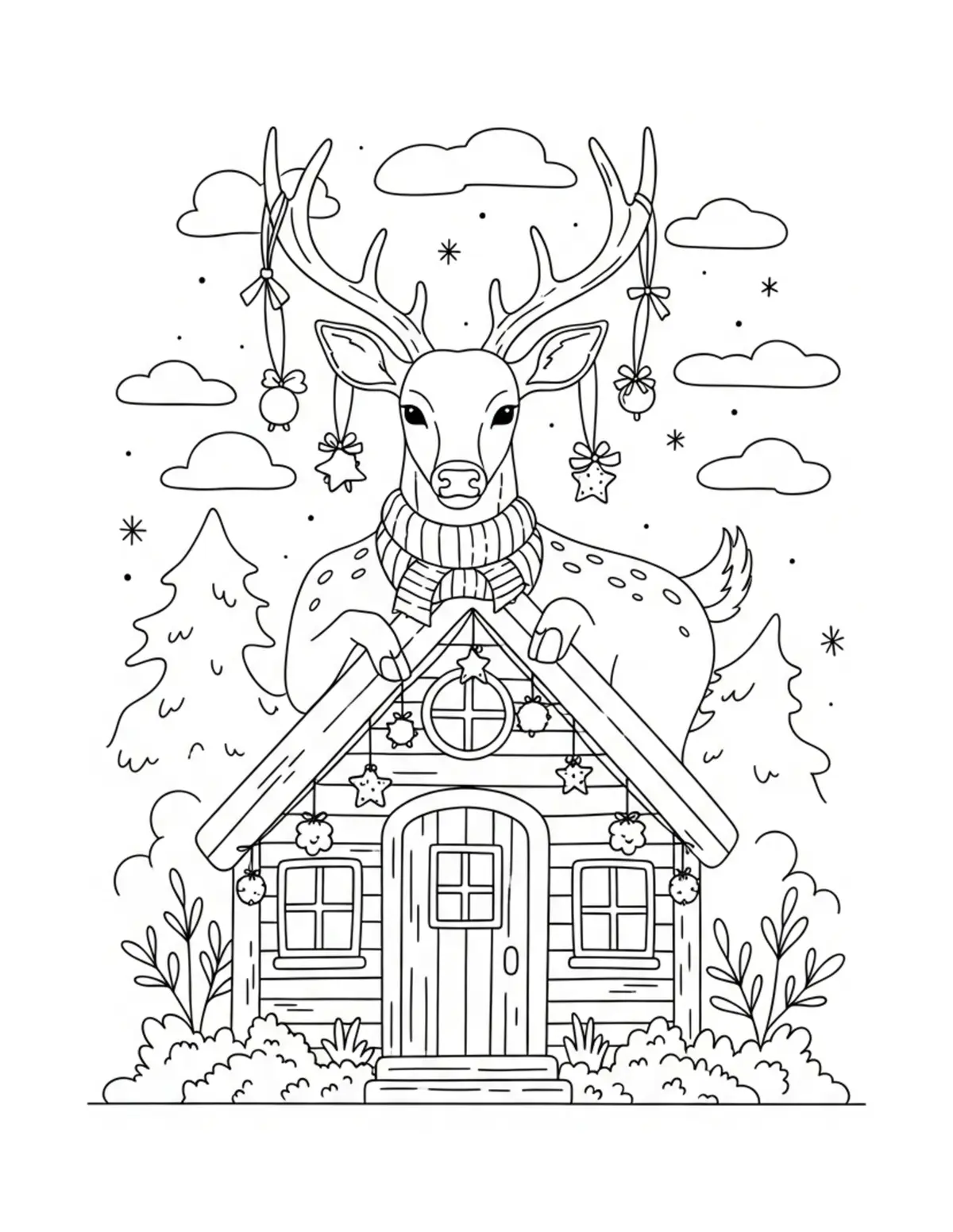 Free printable coloring page: deer decorating cottage coloring page. Cute and cozy deer cottage design for kids and adults to download and print.