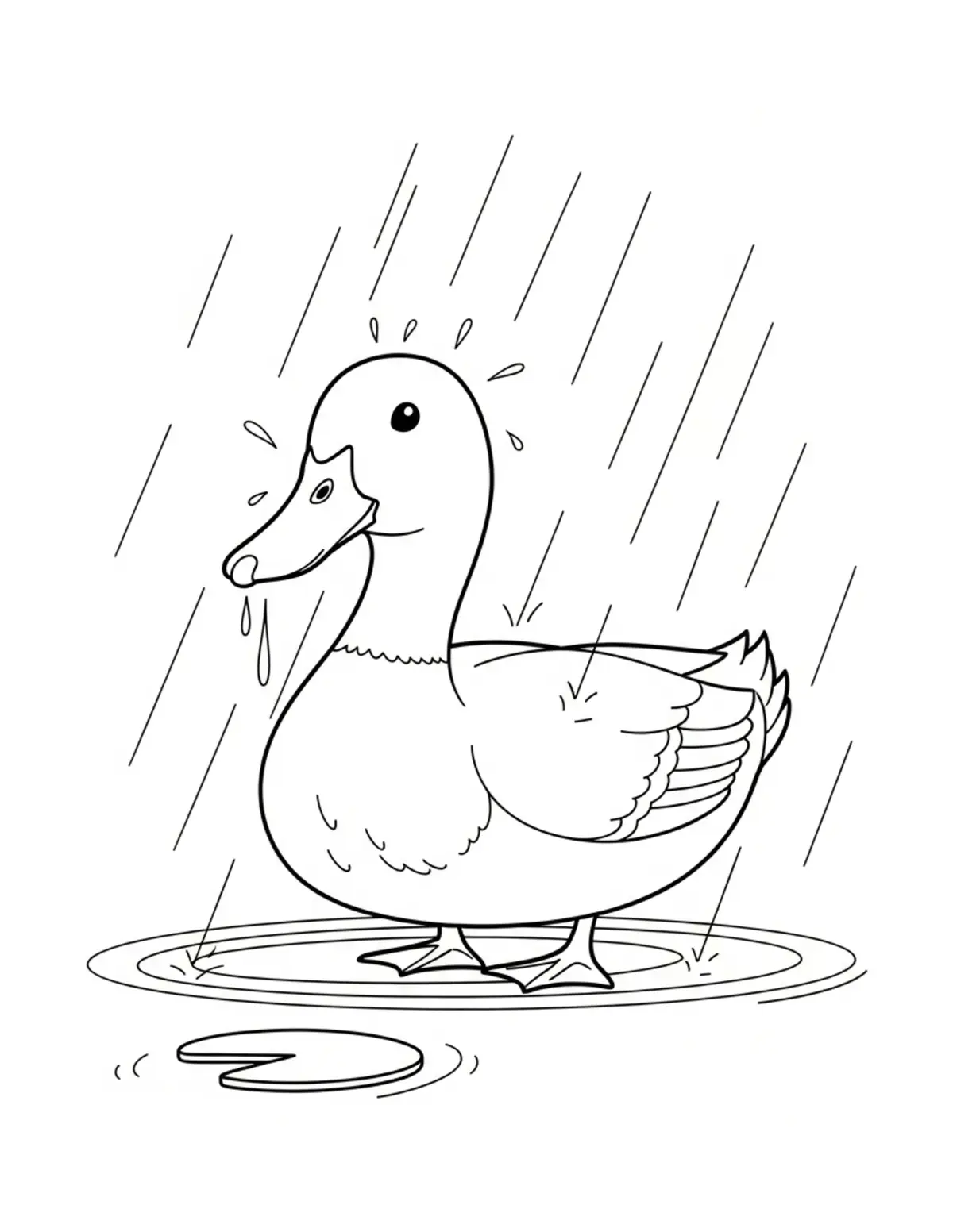 Duck Enjoying Rainy Pond Day Coloring Page - free printable JPG featuring adorable duck scenes