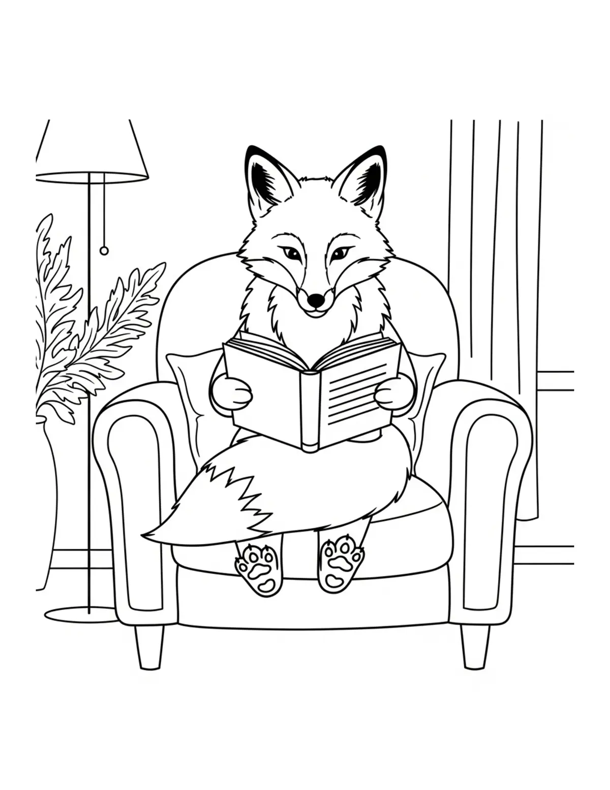 Free printable coloring page: fox reading in cozy chair coloring page. Cute and cozy bookstore and reading design for kids and adults to download and print.