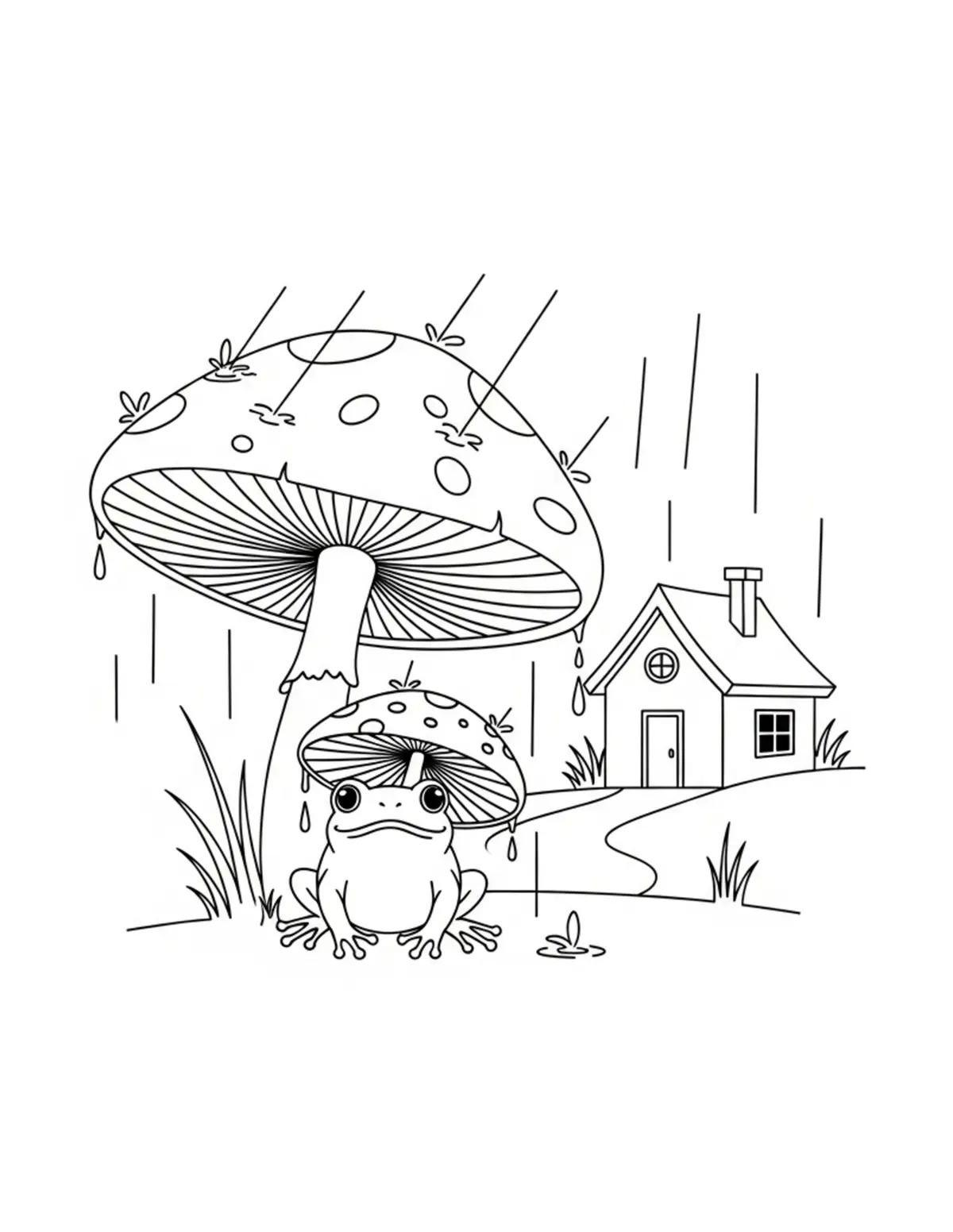 Free printable coloring page: frog rainy day cottage coloring page. Cute and cozy design for kids and adults to download and print.