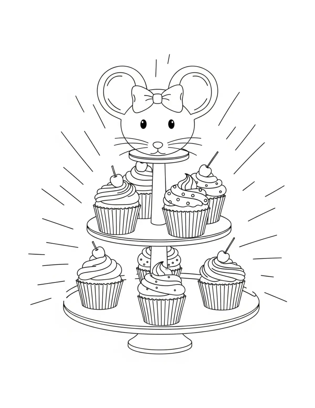 Free printable coloring page: mouse cupcake stand coloring page. Cute and cozy mouse tea party design for kids and adults to download and print.