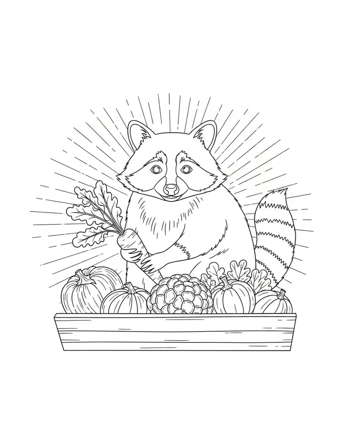 Raccoon Vegetable Garden Market coloring page - free printable JPG featuring adorable raccoons at a market