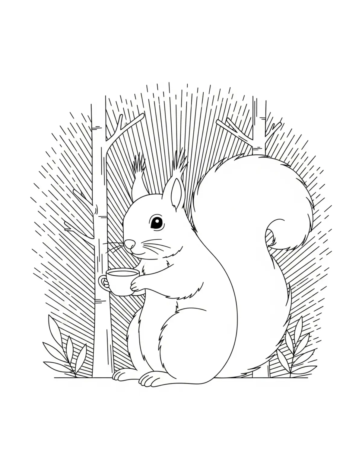 Squirrel Forest Cafe coloring page - free printable JPG featuring adorable squirrels in a woodland scene