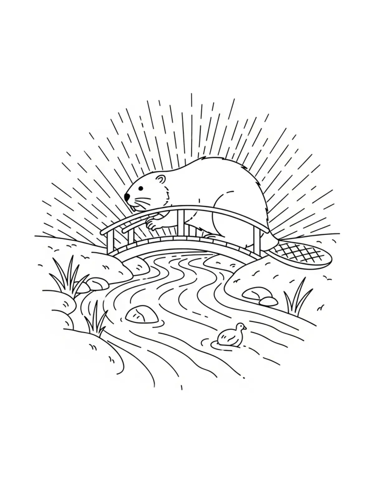 Beaver Building a Small Bridge Coloring Page - free printable JPG featuring adorable woodland beaver