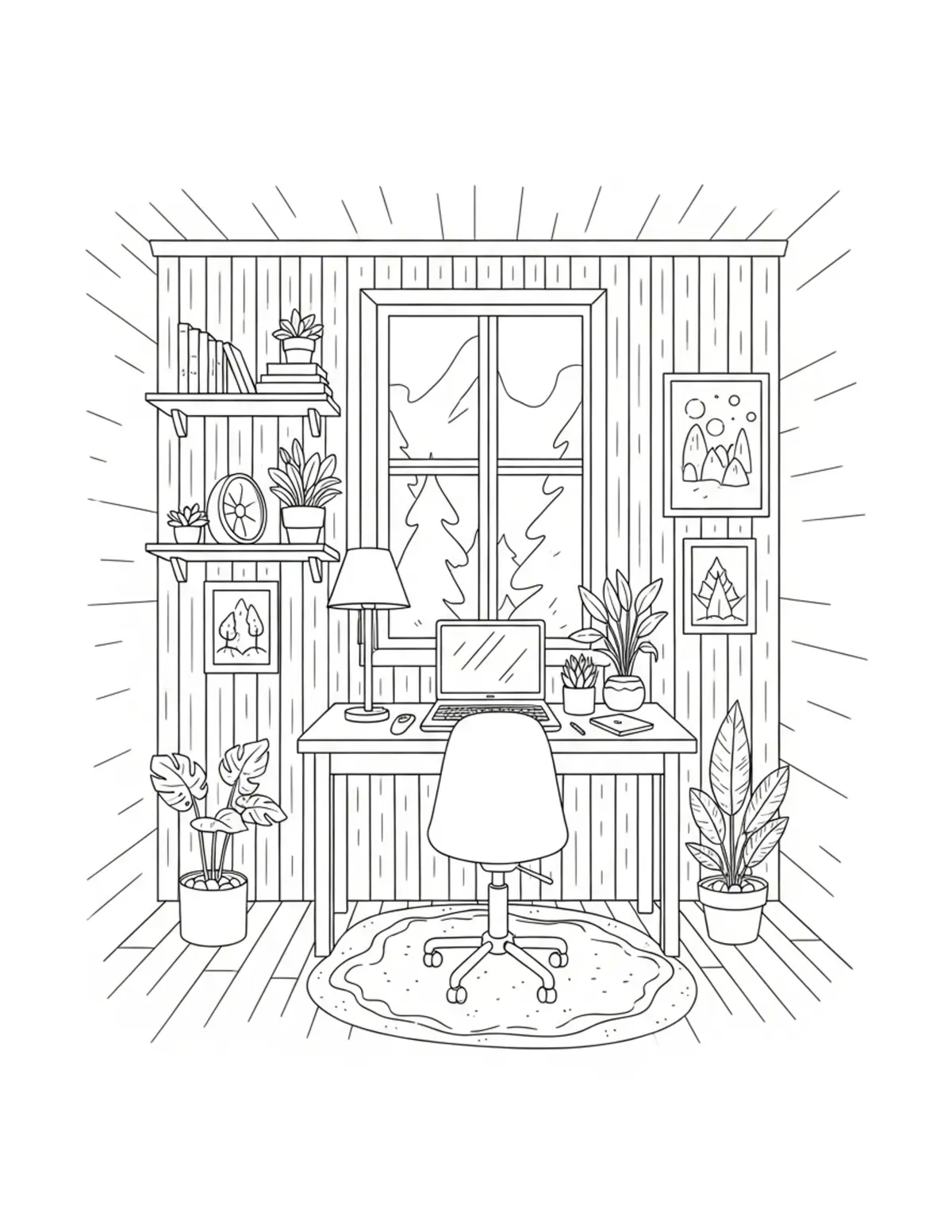 Free printable coloring page: cozy forest inspired art room coloring page. Cute and cozy design for kids and adults to download and print.