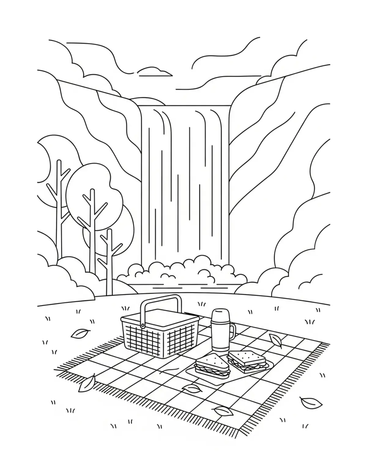 Free printable coloring page: cozy picnic near waterfall coloring page. Cute and cozy summer design for kids and adults to download and print.
