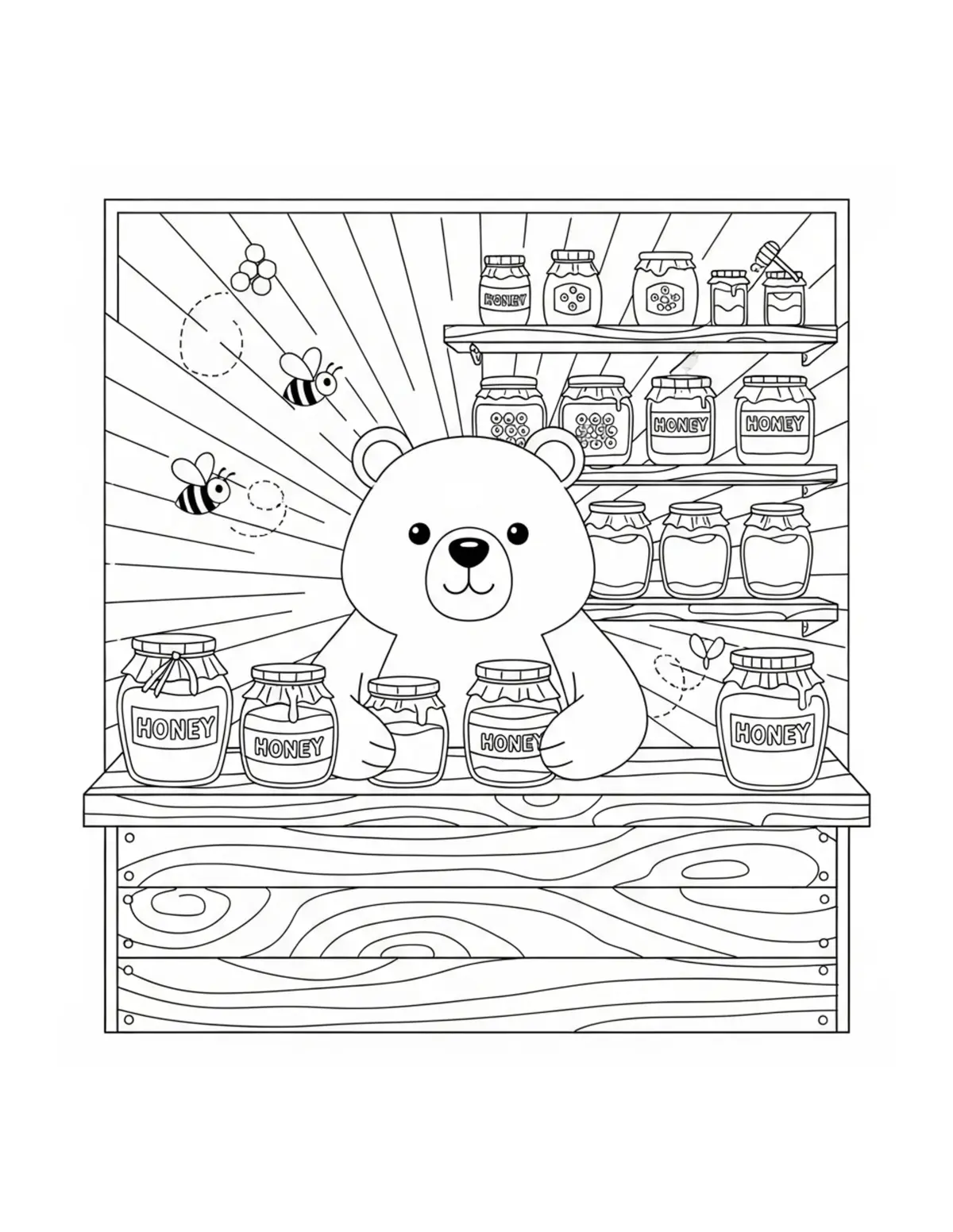 Cute Bear Honey Shop — free printable cozy coloring coloring page for kids and adults
