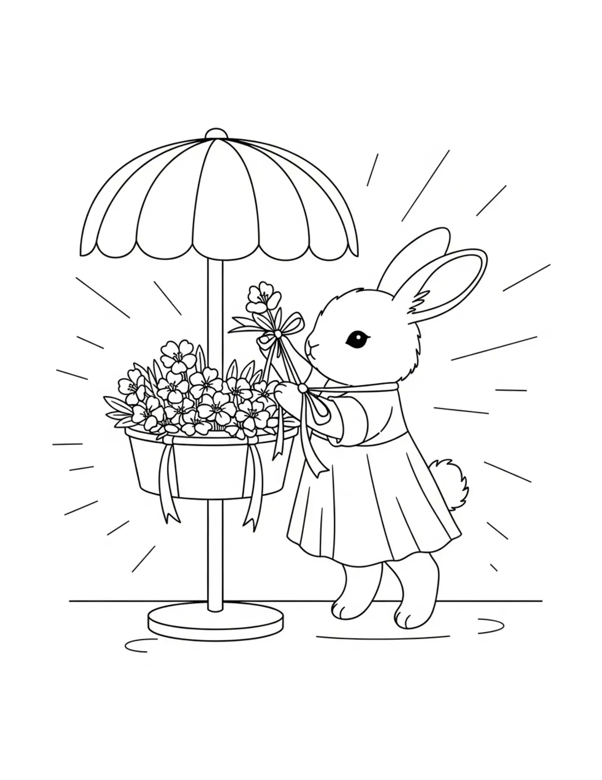 Cute Bunny Decorating A Flower Coloring Page - free printable JPG featuring adorable tiny animal village scene