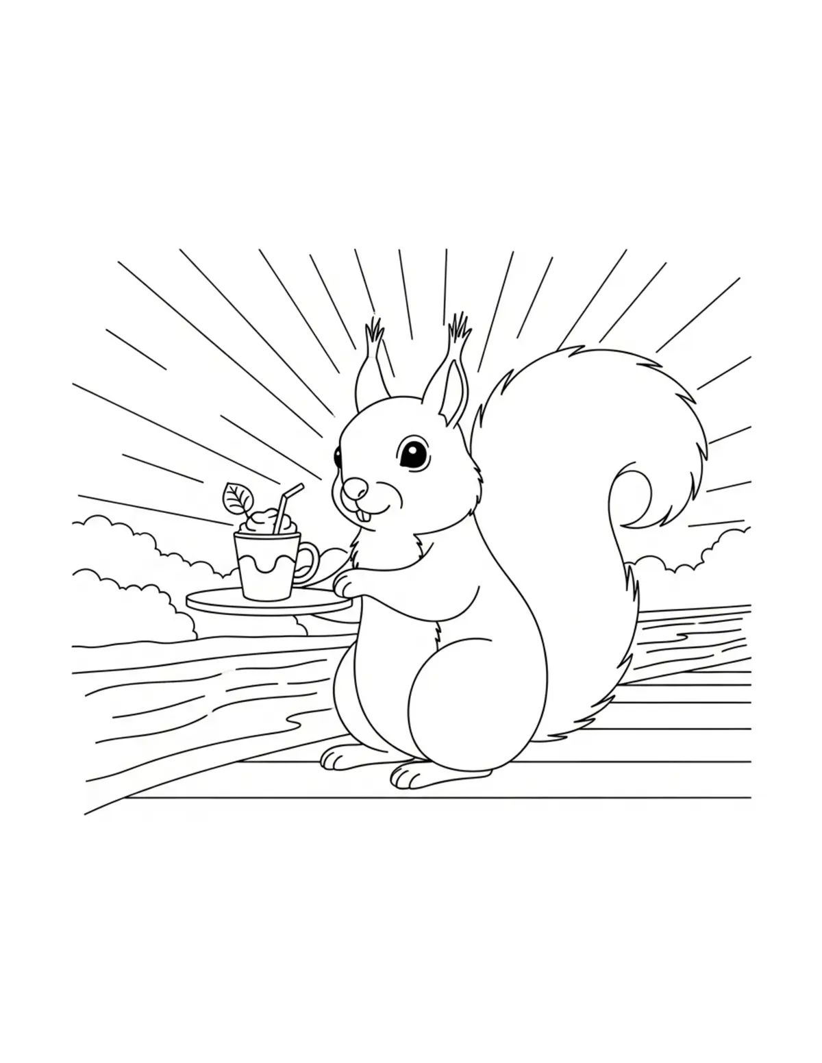 Cute Squirrel Riverside Cafe C — free printable cozy coloring coloring page for kids and adults