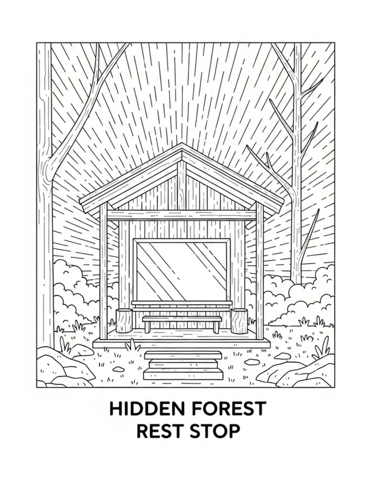 Free printable coloring page: hidden-forest-rest-stop coloring page. Cute and cozy design for kids and adults to download and print.