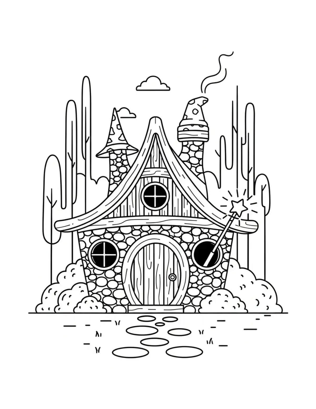 Free printable coloring page: magic bunny wizard cottage coloring page. Cute and cozy design for kids and adults to download and print.